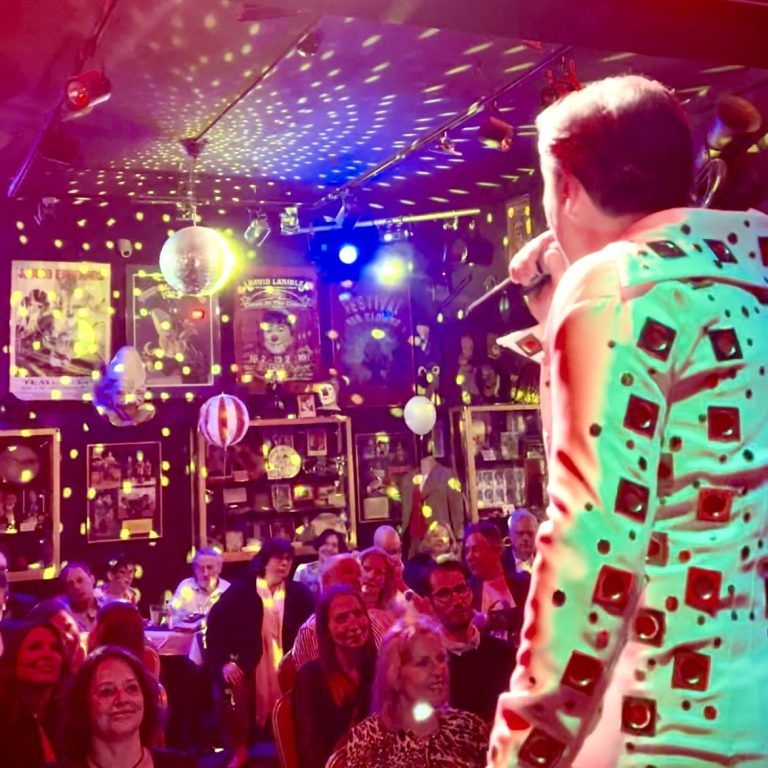 Elvis Auftritt Elvis Sänger in glänzendem Elvis-Outfit singt auf einer Bühne mit Beleuchtung.